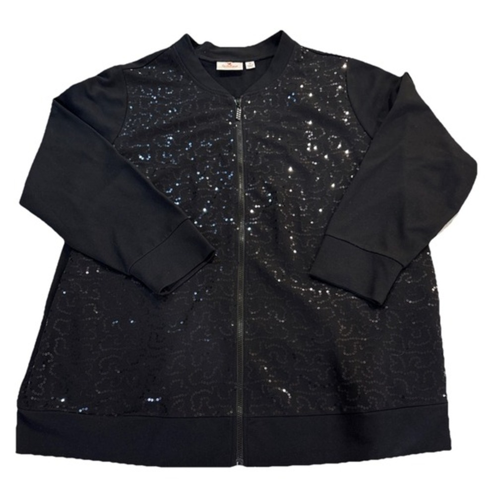 Quacker Factory Womans XXXL Black   Bling Sequins Soft Knit LS Zip Cardigan